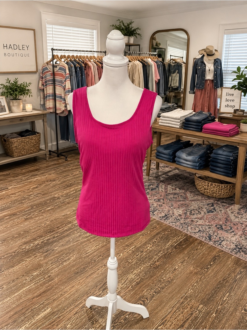 White Birch Pink Ribbed Tank Top XL Built In Bra Stretch Sleeveless
